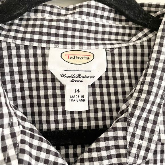 TALBOT'S Black White Gingham Check Wrinkle Resistant Stretch Button Front Top 14 - Picture 4 of 5
